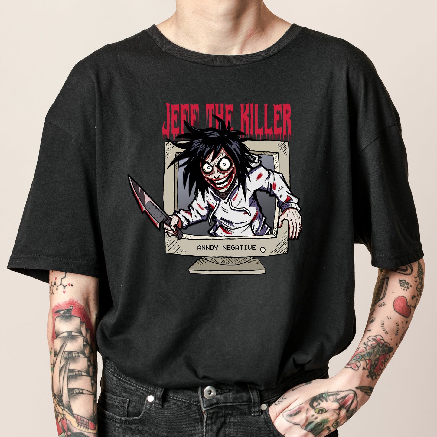 GO TO SLEEP Jeff the Killer graphic tee by Anndy Negative -- hand-drawn creepypasta horror shirt