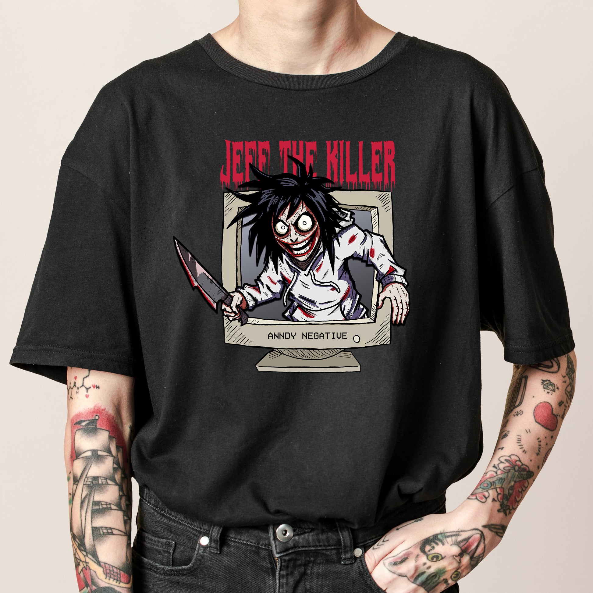 GO TO SLEEP Jeff the Killer graphic tee by Anndy Negative -- hand-drawn creepypasta horror shirt