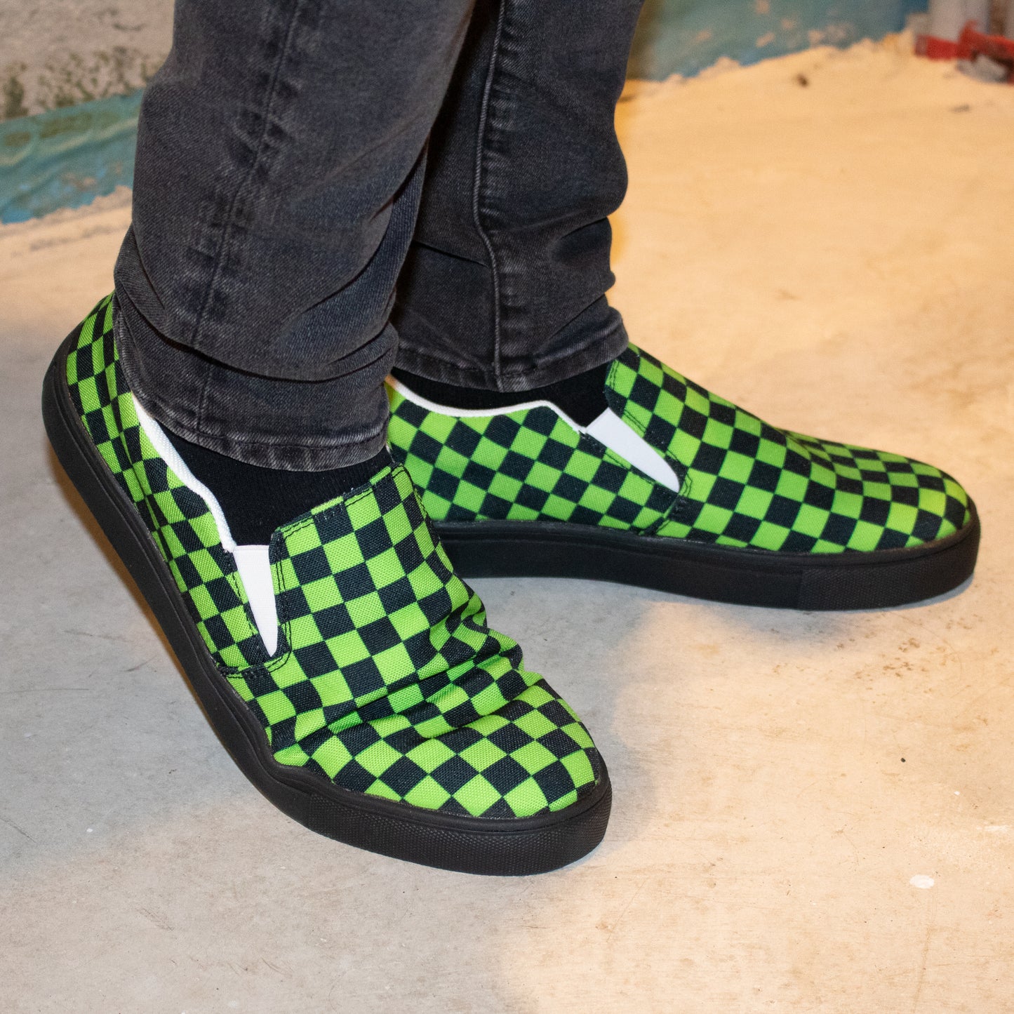 Neon Green Checkered Slip-On Shoes - Men