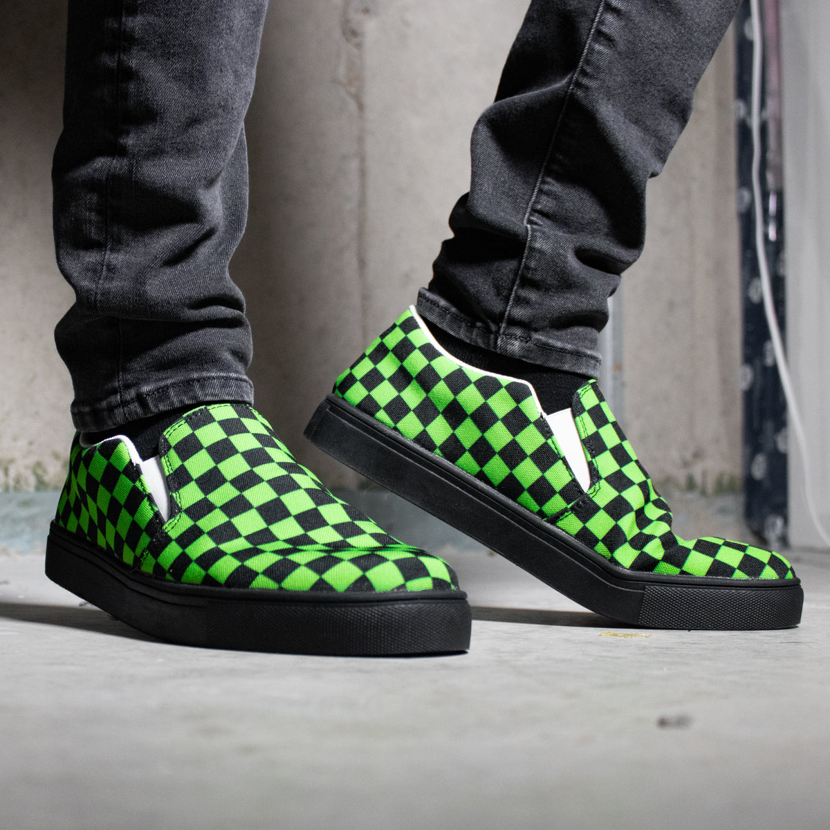 Neon Green Checkered Slip-On Shoes - Men