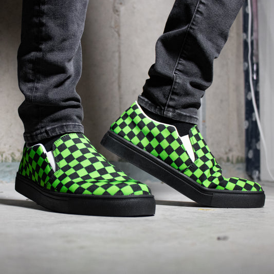 Neon Green Checkered Slip-On Shoes - Women