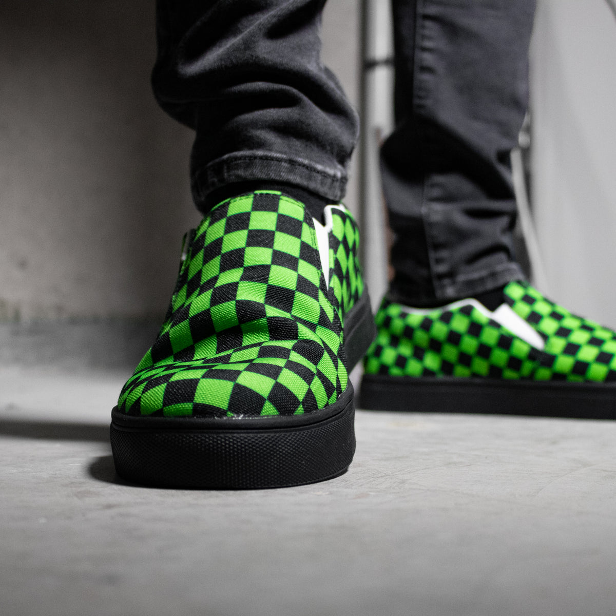 Neon Green Checkered Slip-On Shoes - Men