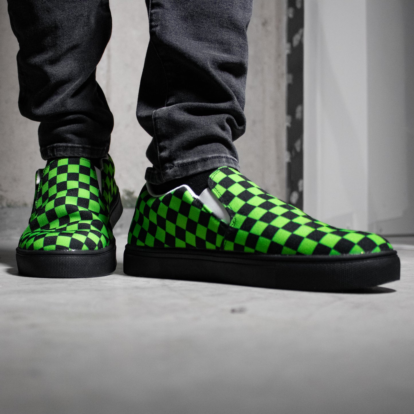 Neon Green Checkered Slip-On Shoes - Men