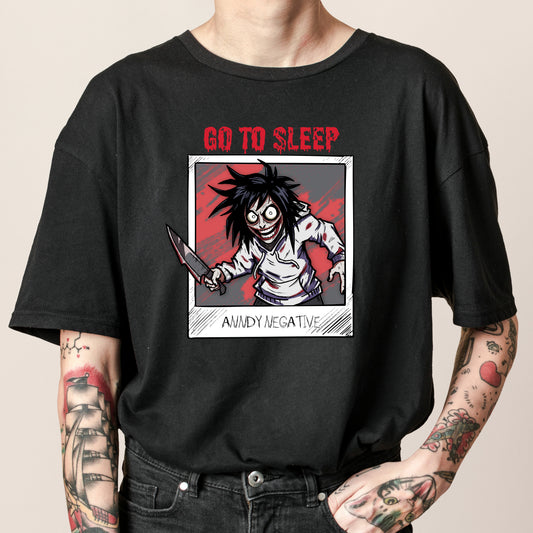 GO TO SLEEP Jeff the Killer graphic tee by Anndy Negative -- hand-drawn creepypasta horror shirt